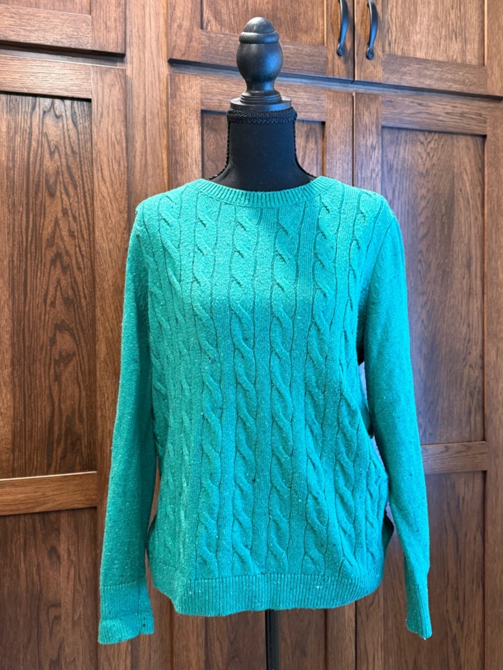 Talbots Tweed Cable Knit Crewneck Sweater Green XLP Classic Cozy